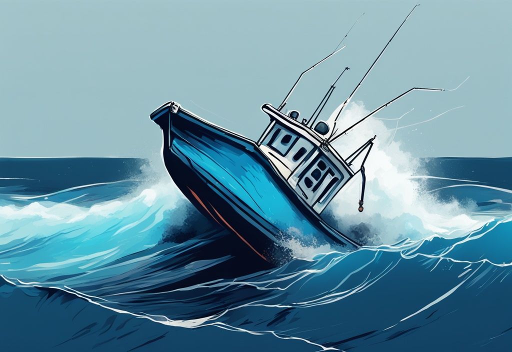 Modern digital painting of a blue-themed fishing boat anchored from the stern, leaning dangerously amid strong waves, at risk of capsizing.