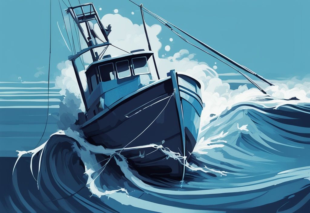 Modern digital painting of a fishing boat dangerously anchored from the stern, risking capsizing due to instability, with a blue color theme.