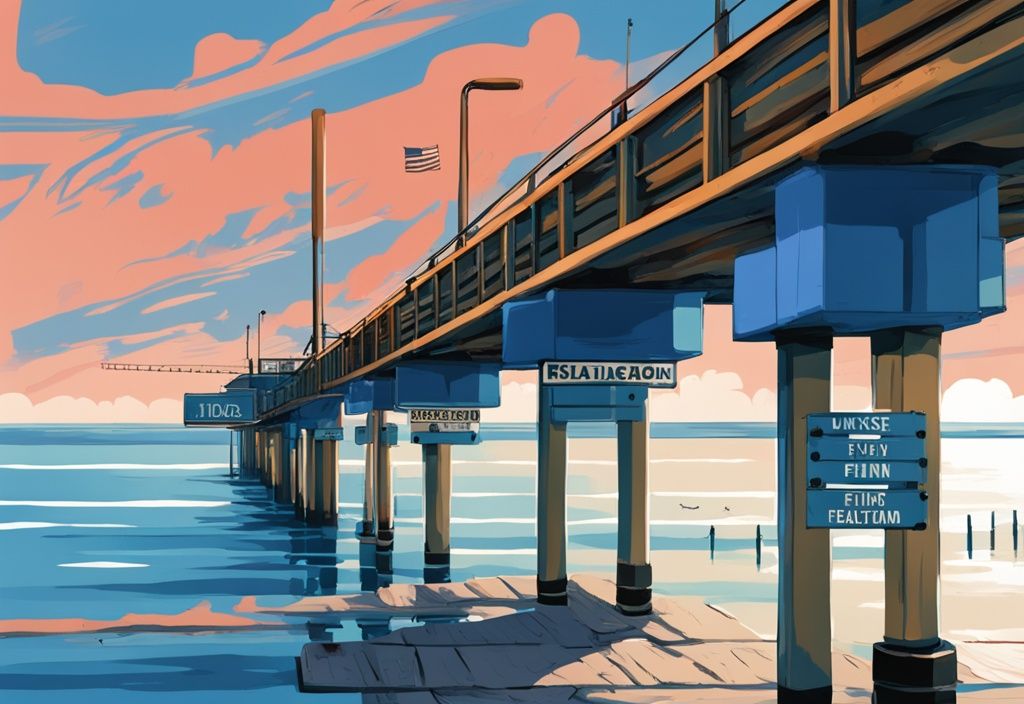 Modern digital painting of Skyway Fishing Pier in blue tones with visible fishing regulation signs.