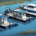 Modern digital painting of the best 10 fishing pontoons, highlighting versatile designs and key features in a blue-themed illustration.