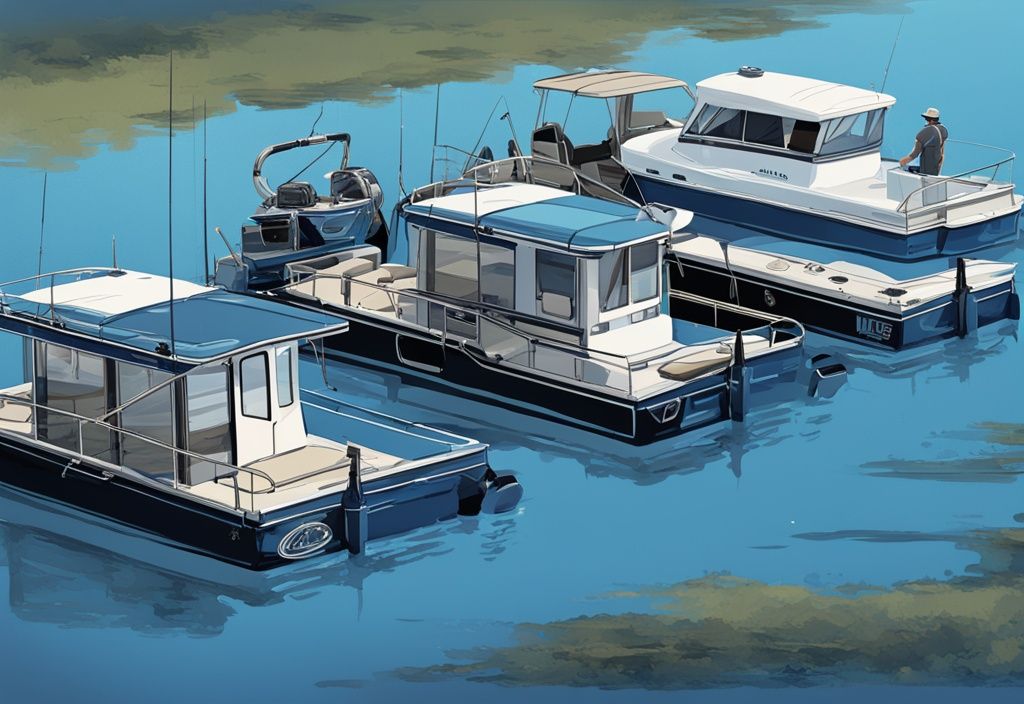 Modern digital painting of the best 10 fishing pontoons, highlighting versatile designs and key features in a blue-themed illustration.