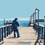 Modern digital painting of a fisherman adhering to Skyway fishing pier rules, with rule signage in the blue-themed background.