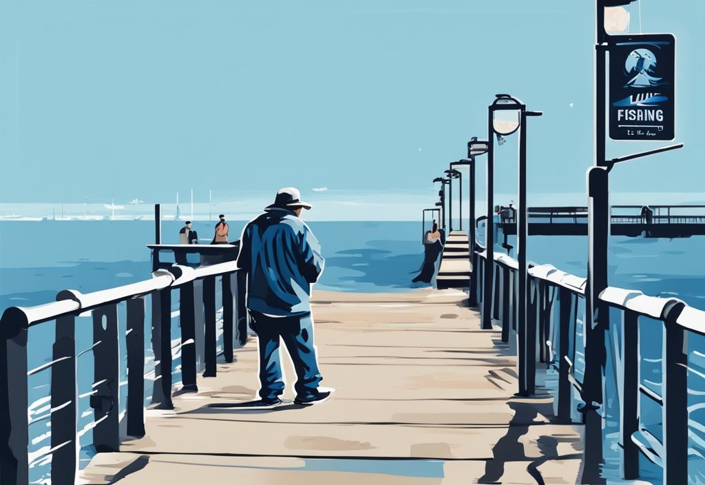 Modern digital painting of a fisherman adhering to Skyway fishing pier rules, with rule signage in the blue-themed background.