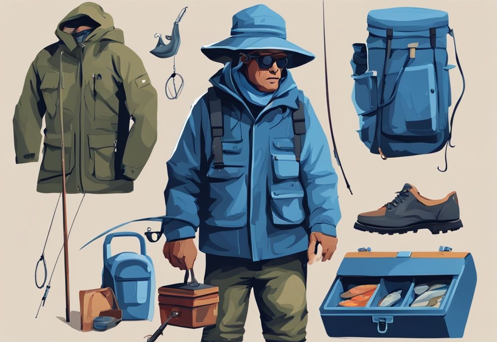 Digital painting of a fisherman in blue attire with waterproof jacket, hat, gloves, sunglasses, sturdy shoes, tackle box, and fishing rod.