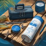 Modern digital painting of the best 3 survival fishing kits on a wooden table in a lush wilderness.