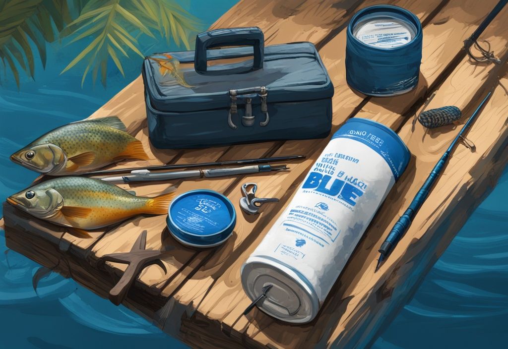 Modern digital painting of the best 3 survival fishing kits on a wooden table in a lush wilderness.