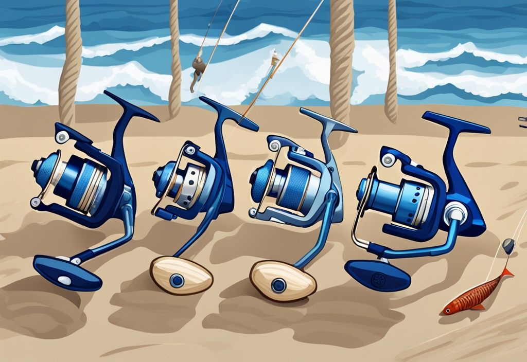 Modern digital painting of various fishing reels for surf fishing on a sandy beach, showcasing what size reel for surf fishing in a blue-themed ocean backdrop.