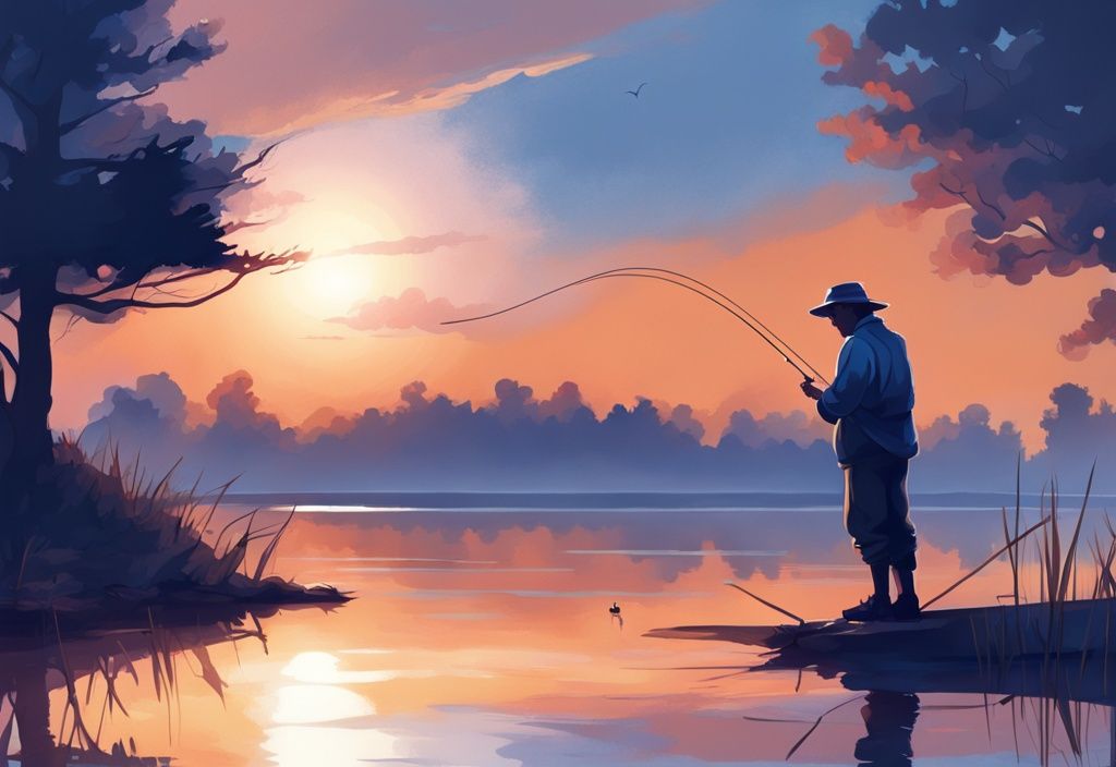 Modern digital painting of a fisherman casting line at sunrise on a blue-themed serene lake.