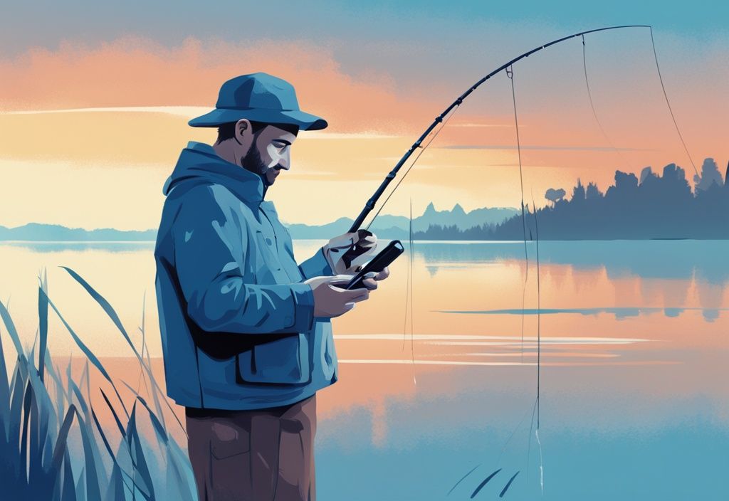 Modern digital painting of a fisherman on a serene lake checking a handheld device for the best barometric pressure for fishing, with a blue color theme indicating optimal conditions.