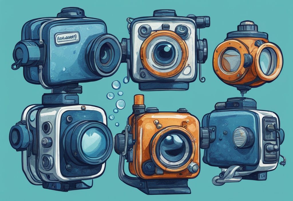 Underwater fishing cameras capturing vibrant underwater life in clear water, modern digital painting with blue theme, five models displayed from left to right.