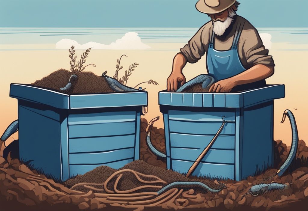 Modern digital painting of hands caring for worms in fertile soil in a homemade worm farming bin, illustrating how to raise worms for fishing with fishing gear in the background, blue color theme.