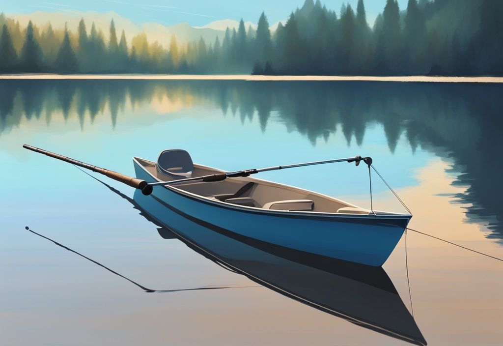 Modern digital painting of a blue-themed spinning rod with sleek design on a calm lake background.