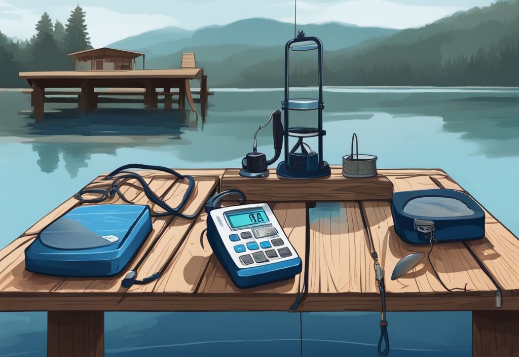 Modern digital painting of top 5 fishing scales on wooden dock by serene lake, blue theme.