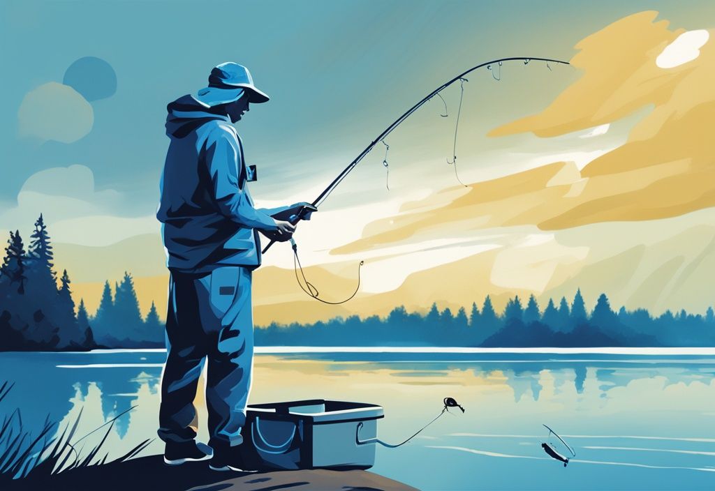 Modern digital painting of a fisherman using BFS fishing technique with lightweight lure on a serene blue-themed lake backdrop.