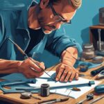 Modern digital painting of skilled hands repairing a snapped fishing rod using a rod repair kit, illustrating how to fix a broken fishing rod with blue-themed tools and materials.