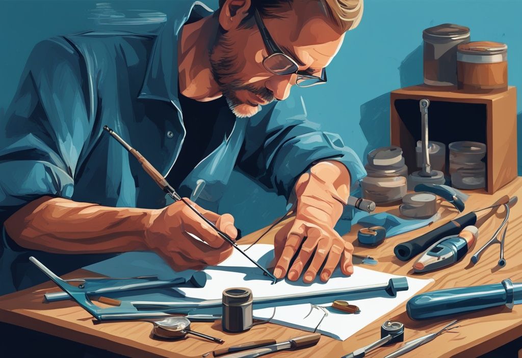 Modern digital painting of skilled hands repairing a snapped fishing rod using a rod repair kit, illustrating how to fix a broken fishing rod with blue-themed tools and materials.