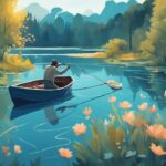 Modern digital painting of an angler fishing in a boat on a lush lake, surrounded by seasonal vegetation, highlighting when is fishing season.