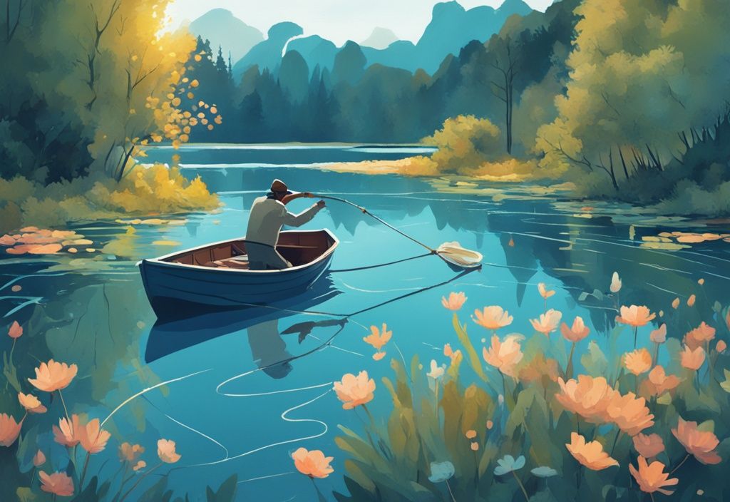 Modern digital painting of an angler fishing in a boat on a lush lake, surrounded by seasonal vegetation, highlighting when is fishing season.