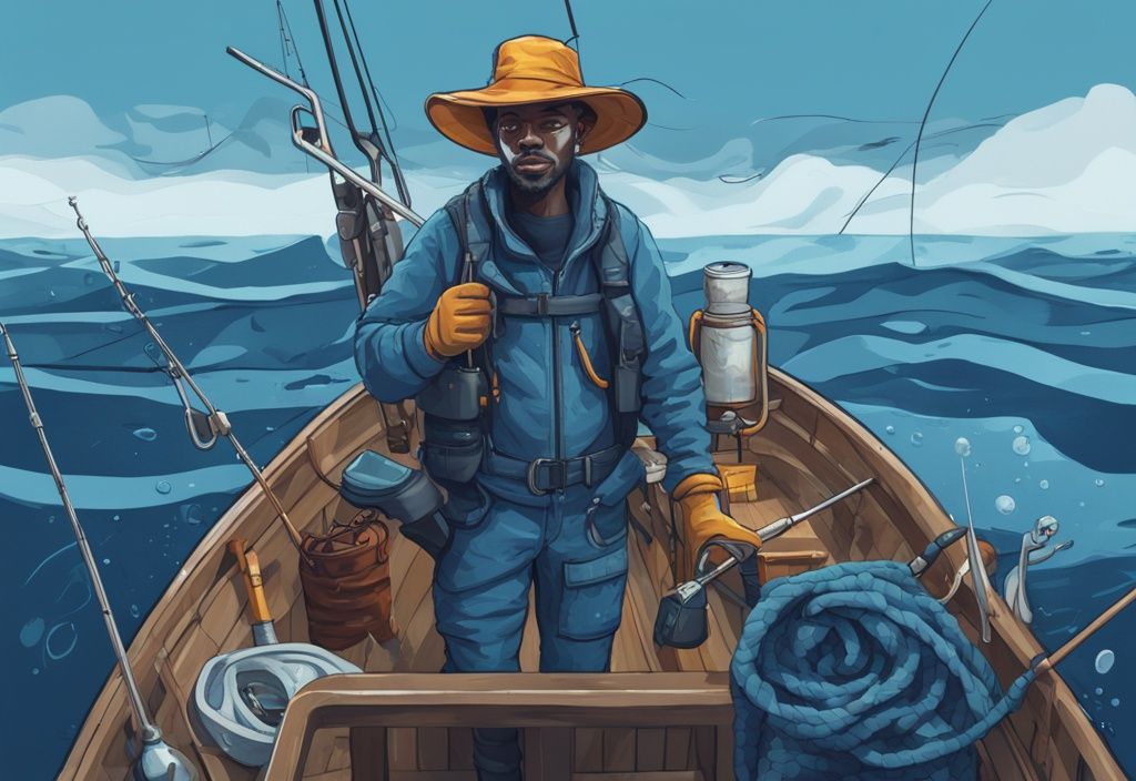 Digital painting of a deep sea fisherman in blue-themed gear on a boat in the open sea.