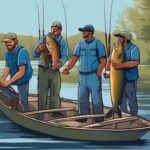 Modern digital painting of joyous fishers by the Alabama River during Alabama fishing season, featuring a proud angler holding a large fish.