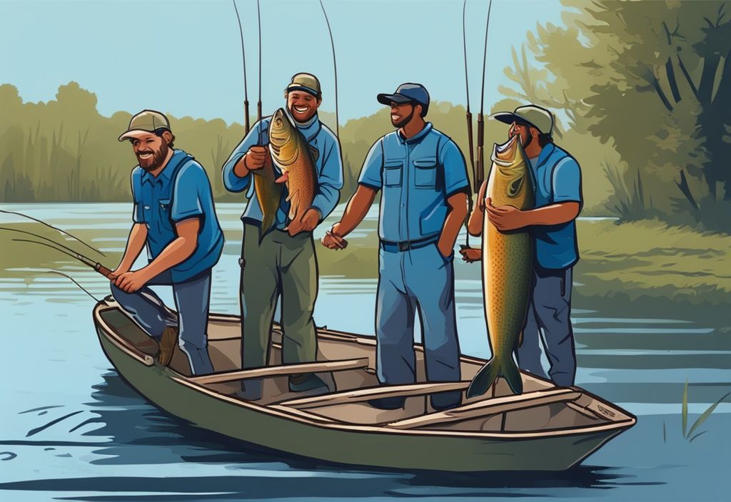 Modern digital painting of joyous fishers by the Alabama River during Alabama fishing season, featuring a proud angler holding a large fish.