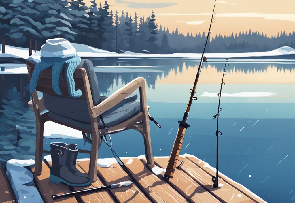 Modern digital painting of blue winter fishing gloves on wooden dock with fishing pole and snowy lake landscape in background.