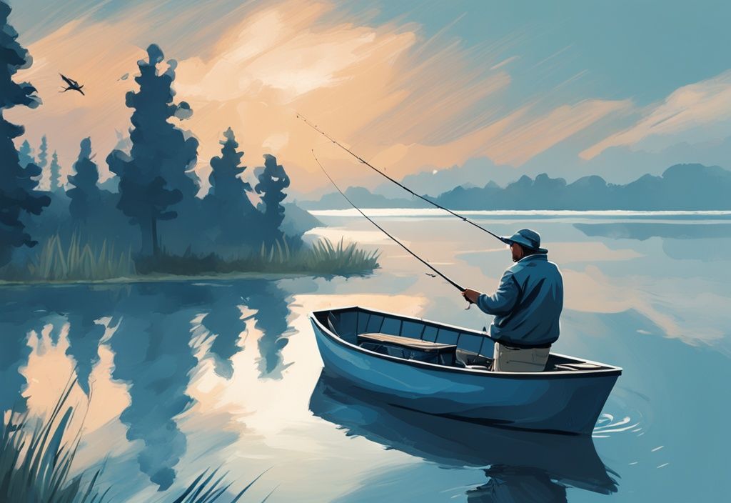 Digital painting of a fisherman using BFS fishing technique with lightweight lure on a blue-themed serene lake backdrop.