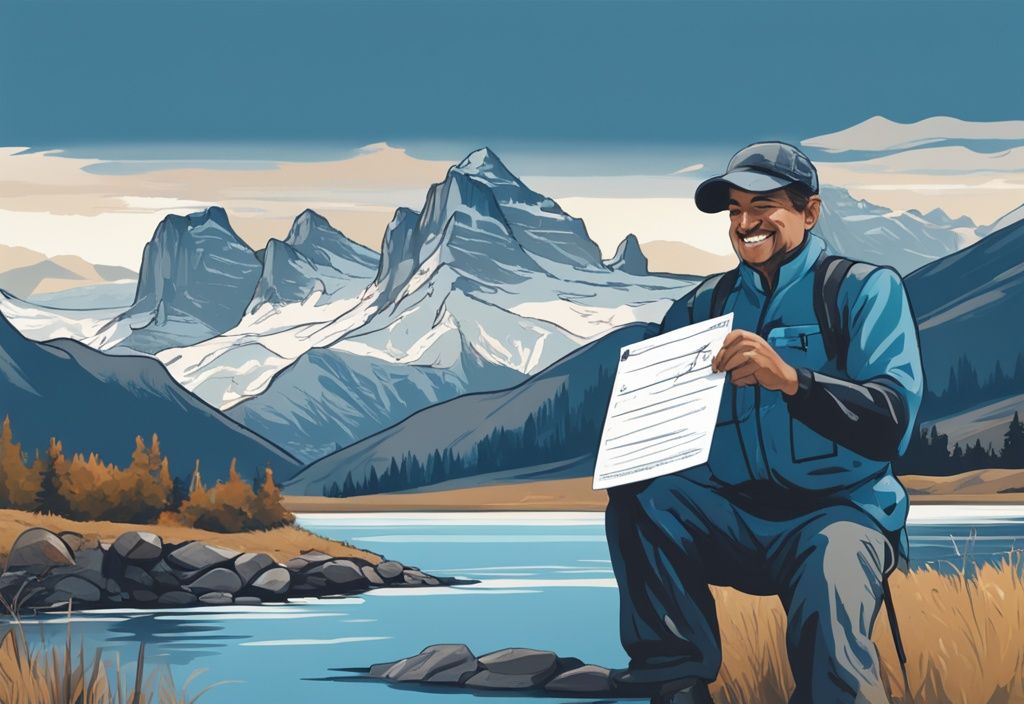 Modern digital painting of a person happily obtaining a fishing license in Montana, with blue-themed scenery of rivers and mountain range in the background.