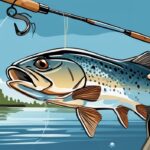 Modern digital painting illustration of a tippet connected to a fly fishing line with a lure, set against a tranquil river scene, explaining what is a tippet in fly fishing.