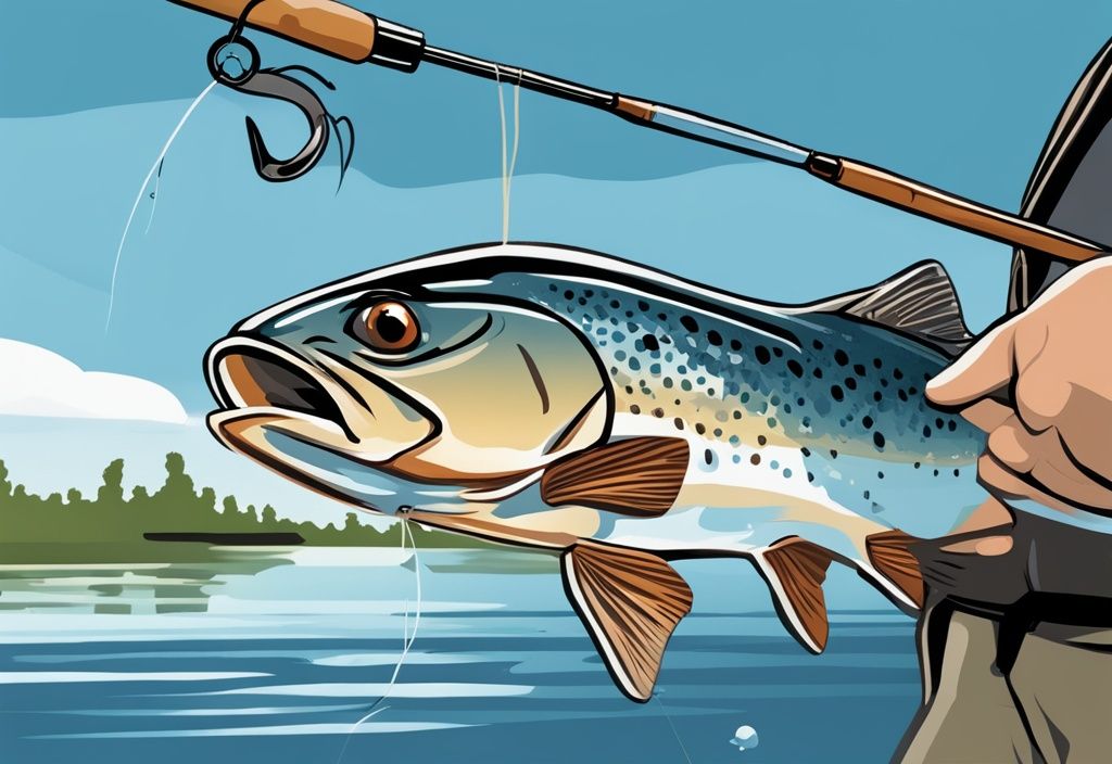 Modern digital painting illustration of a tippet connected to a fly fishing line with a lure, set against a tranquil river scene, explaining what is a tippet in fly fishing.