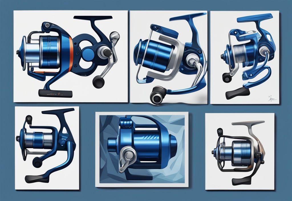 Modern digital painting of best 5 spinning reels under $100, featuring blue theme and price tags.