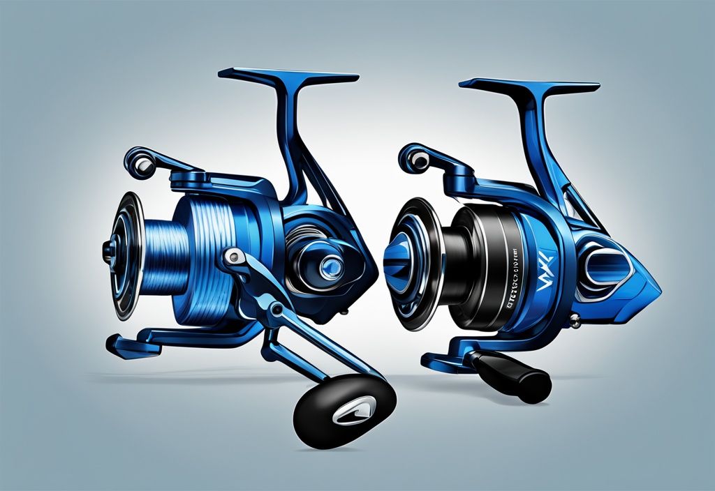 Modern digital painting of three blue-themed Daiwa spinning reels displaying design and craftsmanship.