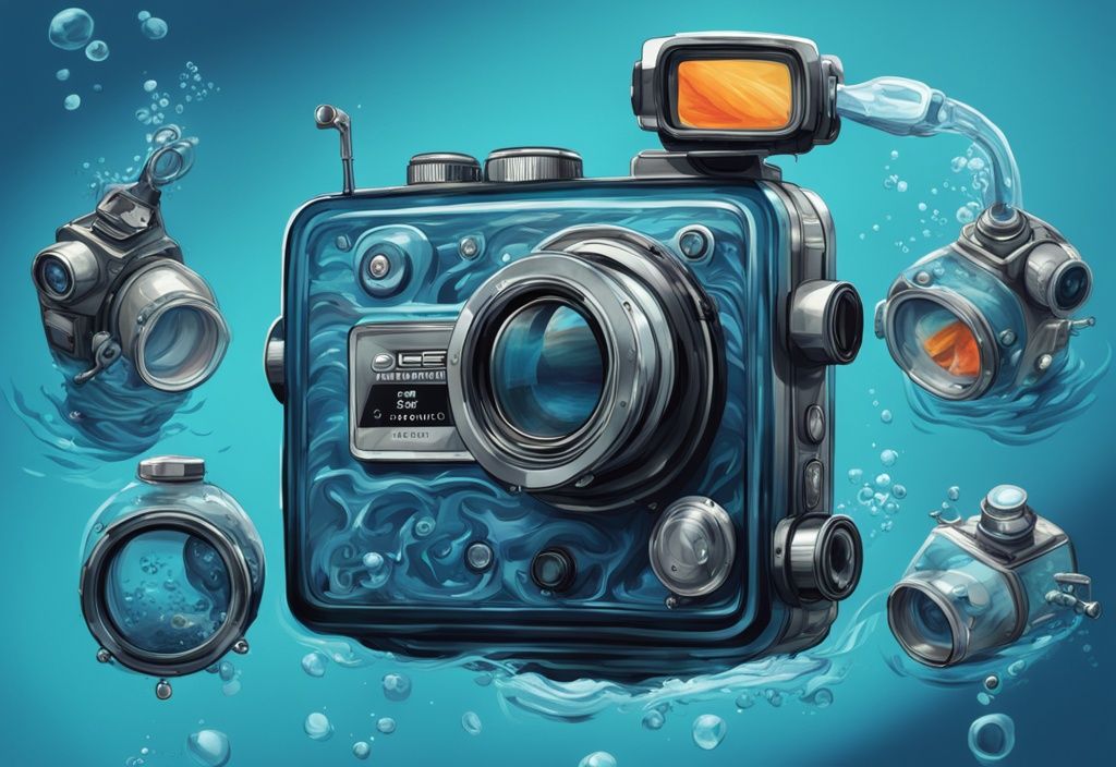 Underwater fishing cameras capturing vibrant marine life, digital painting illustration in blue tones.