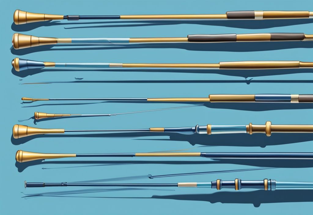 Modern digital painting of fishing rods in blue theme, showcasing various lengths with dimensions marked; ideal for understanding what length fishing rod do I need.