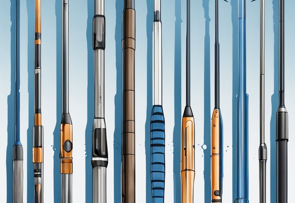 Modern digital painting illustration featuring a selection of the best medium heavy spinning rods, with a standout choice highlighted, in a blue color theme.