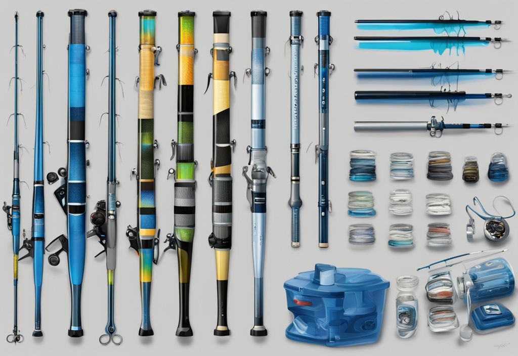 Modern digital painting of the best 10 rod and reel combos for bass fishing, featuring blue color theme for easy comparison.