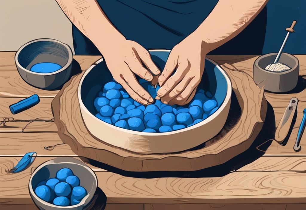 Modern digital painting of hands kneading dough into balls on a wooden table with fishing gear in the background, illustrating how to make dough balls for fishing.