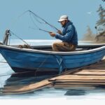 Modern digital painting of a fisherman using a drop shot rig on a boat, featuring a detailed zoom-in on the knot tied to the fishing line and weight, illustrating what is a drop shot in fishing with a blue color theme.