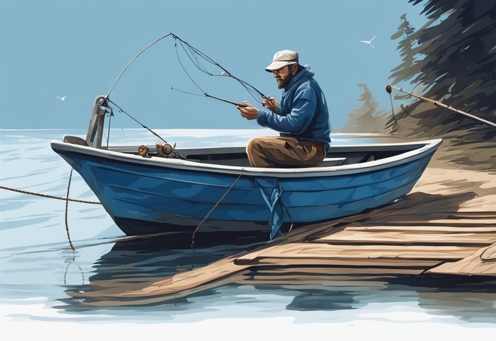 Modern digital painting of a fisherman using a drop shot rig on a boat, featuring a detailed zoom-in on the knot tied to the fishing line and weight, illustrating what is a drop shot in fishing with a blue color theme.