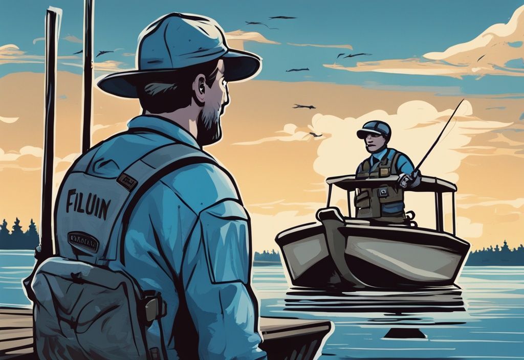 Modern digital painting of an angler surprised by a game warden on a boat, illustrating what happens if you get caught without a fishing license, with a blue color theme.