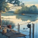 Modern digital painting of a serene Texas lake scene with a dock and fishing gear, featuring a calendar highlighting fishing season months; perfect for those wondering when is fishing season in Texas.