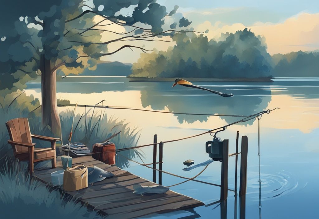 Modern digital painting of a serene Texas lake scene with a dock and fishing gear, featuring a calendar highlighting fishing season months; perfect for those wondering when is fishing season in Texas.