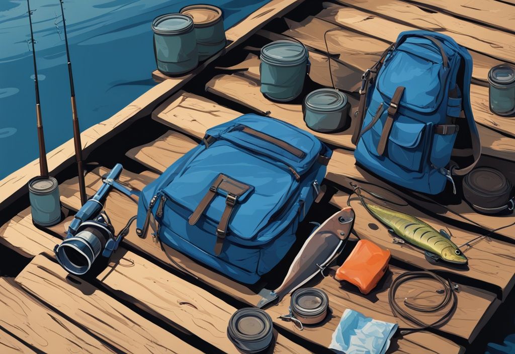 Modern digital painting of 10 best fishing sling packs on a rustic wooden dock with fishing rods, bait, and catch of the day, featuring a blue color theme.