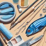 Modern digital painting of hands crafting a fishing lure, showcasing tools and materials, illustrating how to make fishing lures with a blue color theme.