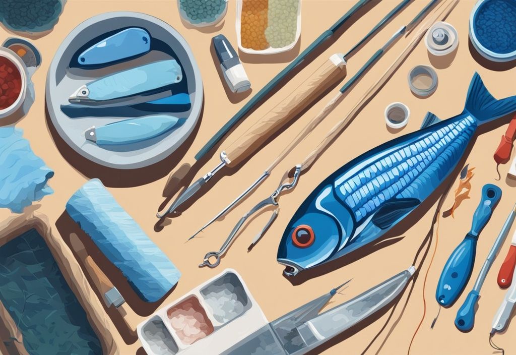 Modern digital painting of hands crafting a fishing lure, showcasing tools and materials, illustrating how to make fishing lures with a blue color theme.