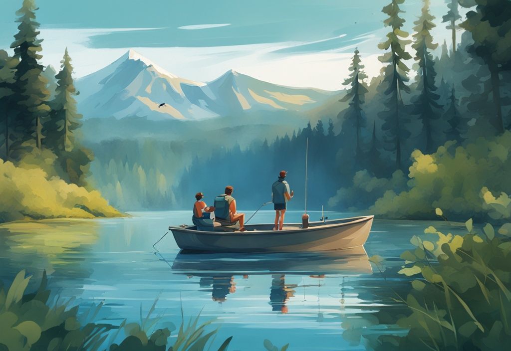 Modern digital painting of a happy family fishing on a serene Oregon lake during a free fishing weekend in Oregon, surrounded by lush greenery and mountains.