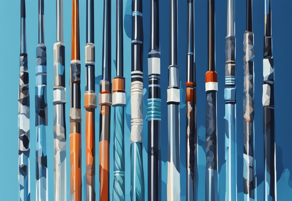 Modern digital painting of 10 most expensive fishing rods in blue theme against a luxurious background.