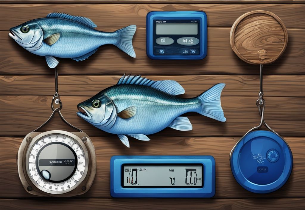 Modern digital painting of the best 5 fishing scales on a rustic wooden surface with a blue color theme.