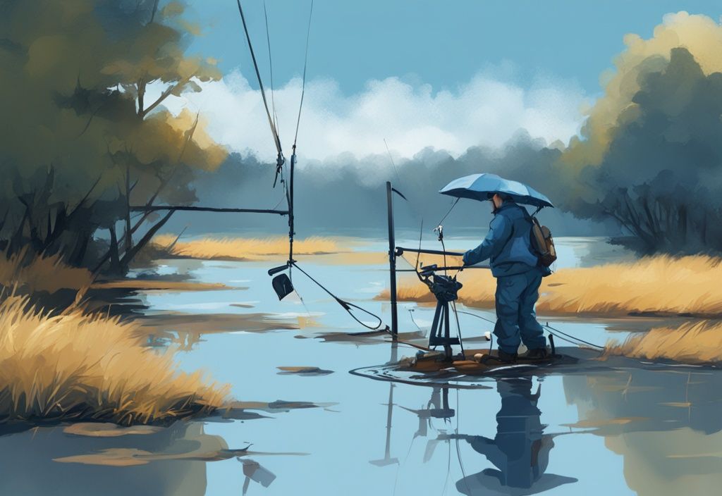 Modern digital painting of a serene fishing scene after rain, featuring blue tones, wet equipment, and puddles under a clear sky.