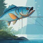 Modern digital painting of a blue-themed serene fishing scene featuring a fishing line with a defined fishing leader and shiny lure in the water, illustrating what is a fishing leader.